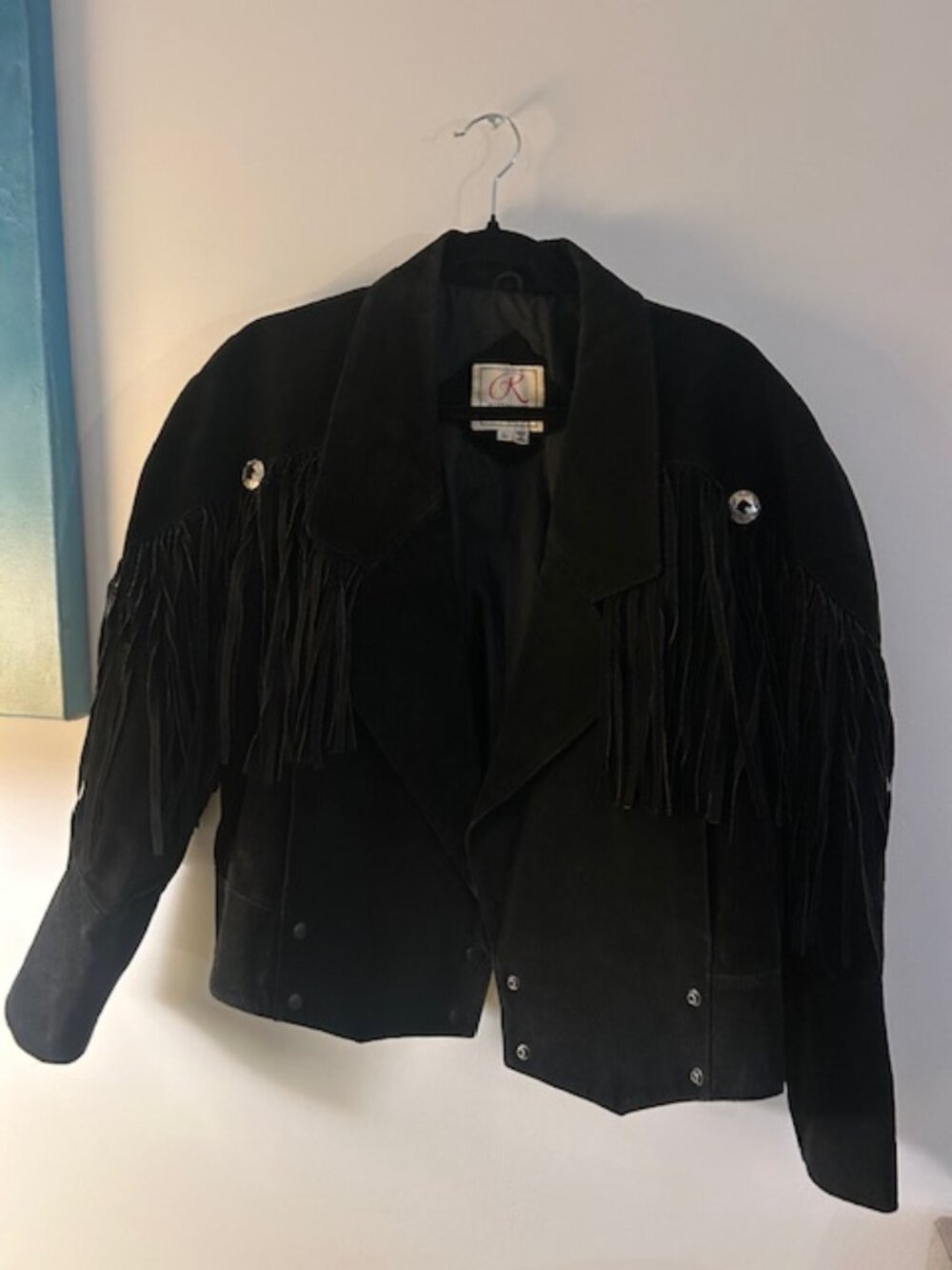 Vintage International Rinzi Black Suede Leather Fringe Western Jacket Conchos L